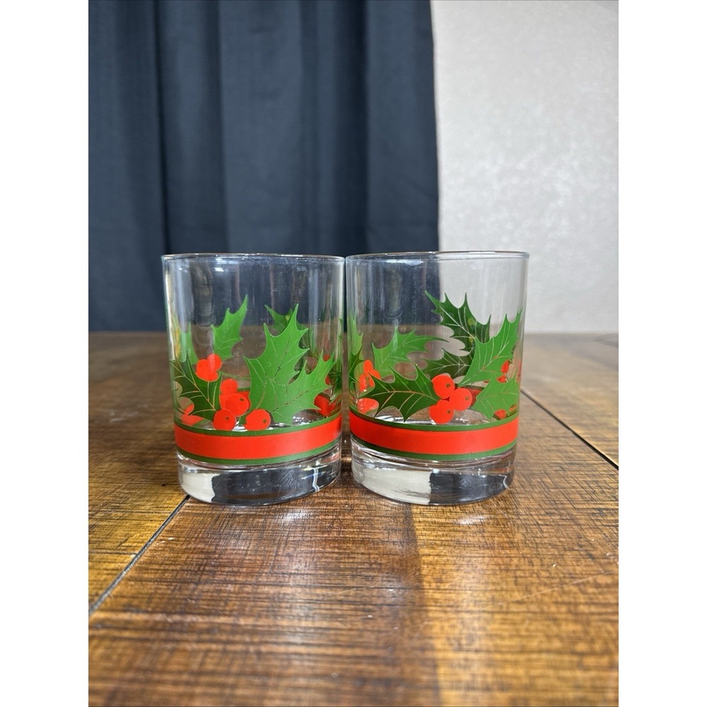 Vintage Libby Christmas Holly & Berries Low Ball/Rocks Glass 10oz- 2 In Set X 2